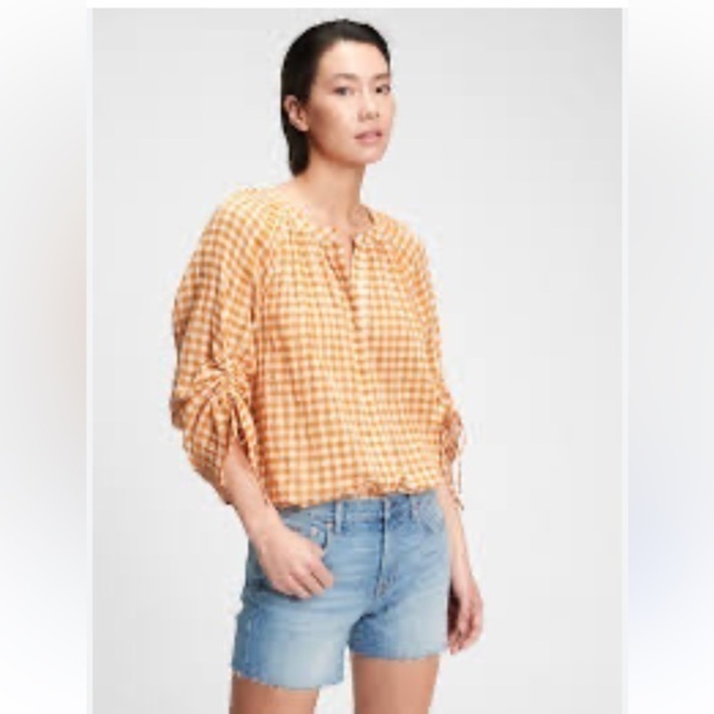 NWOT GAP Yellow Gingham Shirred Sleeve Prairie Cottagecore Top Size Medium